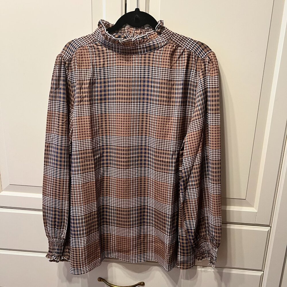 SUZANNE BETRO Taupe‎ Plaid Ruffle-Trim Smocked Mock Neck Tunic (Size 1X)